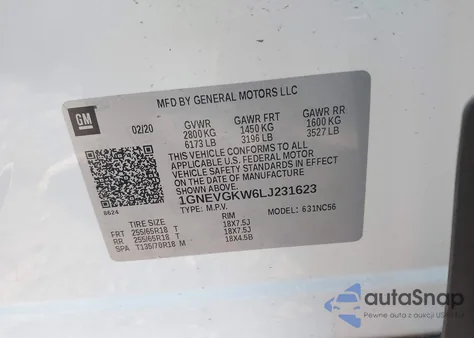 2020 Chevrolet Traverse Awd Lt Cloth z USA, uszkodzony, nr VIN 1GNEVGKW6LJ231623